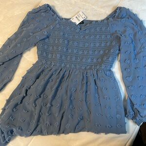 Dusty blue sheer with raised dots mini dress with ruffle hem size 16